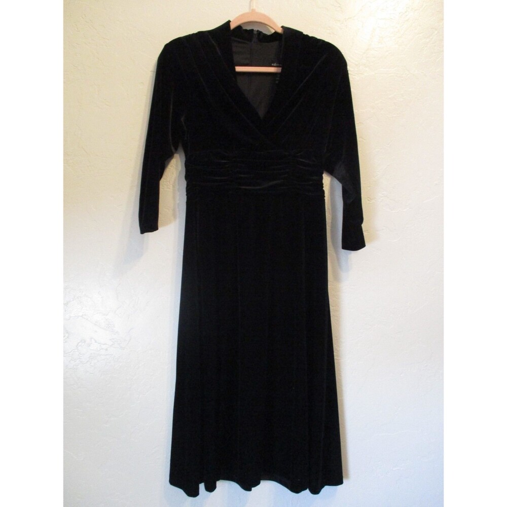 Connected Apparel Womens Sz 6P Black Velvet Midi Dress 3/4 Sleeve Formal Evening